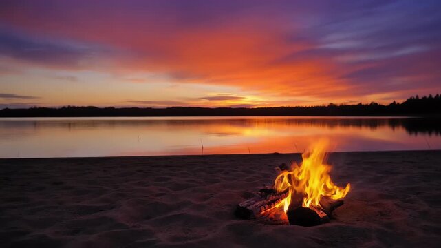 Campfire on a sandy beach at vibrant sunset by a calm lake