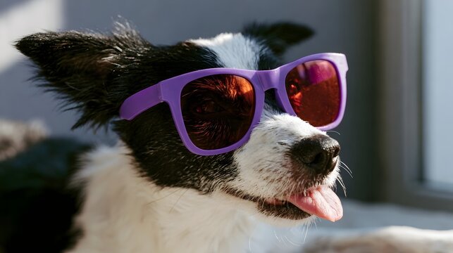A black and white dog wearing purple sunglasses with its tongue out  looking relaxed outdoors