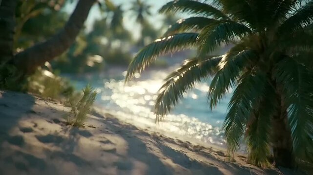 Summer hot vibe lifestyle. A vivid, sunlit photograph captures a tropical beach scene. The main subject is a closeup of a palm trees frond, illuminated by the warm, golden light of the setting sun.