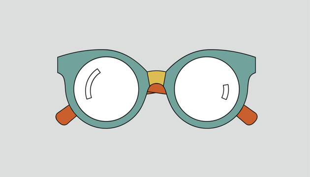 Stylish thick teal glasses with round lenses and orange temple tips isolated on light grey background.