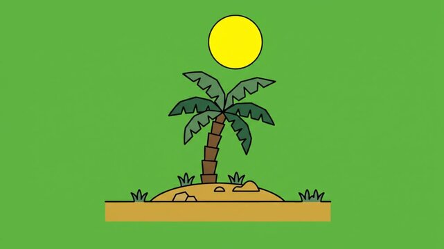 Minimalist Tropical Island with Coconut Palm Tree and Sun Vector Animation on Green Screen Chroma Key