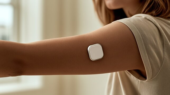 Close-up side view upper arm continuous glucose monitor patch yoga stretch soft natural light copy space