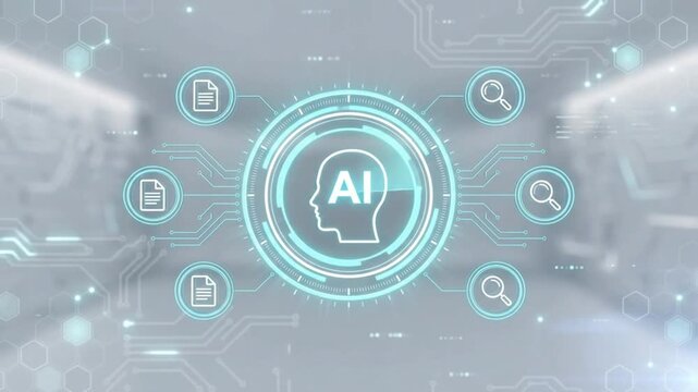Futuristic artificial intelligence interface featuring a glowing digital human head profile and AI letters within a circular HUD with scrolling technical data in a high-tech lab setting.