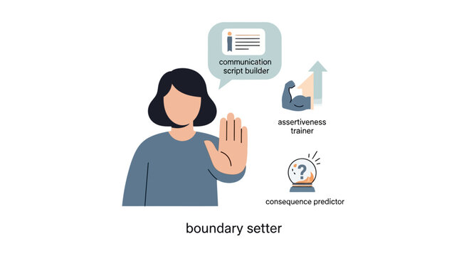 Assertiveness and Boundary Setting Concept: Person showing stop hand, communication icon, muscle arm, crystal ball