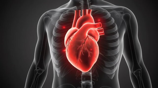 Human Heart Beating in Anatomical Skeleton Body