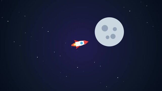 Animated rocket ship launching and flying through space to moon