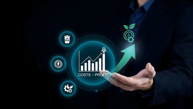 Businessman holding a digital interface showing a growth chart with a robot icon, representing the integration of artificial intelligence for sustainable business cost reduction and profit
