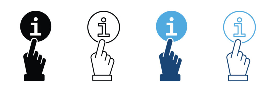 Hand Clicking Information Icon Set. Interactive Help And Support Outline And Silhouette Symbol Collection. User Assistance And Guidance Interface. Isolated Vector Illustration.