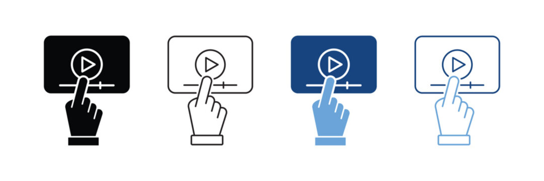 Video Tutorials Silhouette and Line Icon Set. Video Player with Mouse Pointer Color Sign. E-learning and Online Education. Distant Education and Online Webinar Pictogram. Isolated Vector Illustration