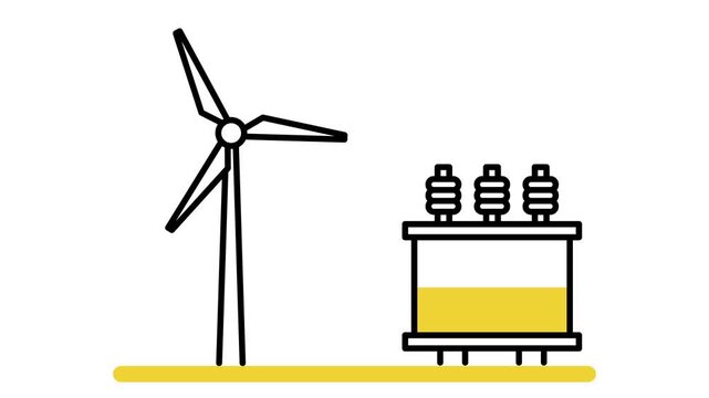 Animation of wind turbine with power transformer and energy symbol