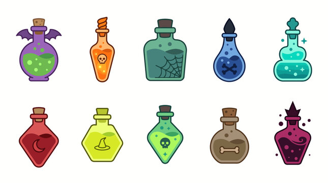 Set of colorful magic potion bottles for fantasy games and halloween decorations isolated on a white background