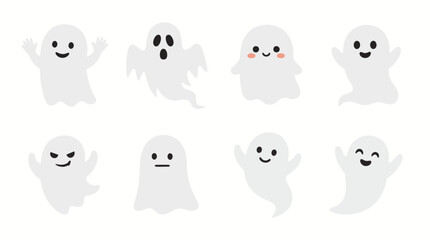 Fototapeta premium Set of cute cartoon ghosts with various facial expressions isolated on a white background for halloween designs