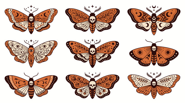 Set of nine hand drawn death head moth illustrations with mystical skull patterns on white background for design