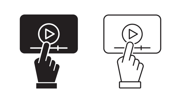 Video Tutorials Silhouette and Line Icon Set. Video Player with Mouse Pointer Black Sign. E-learning and Online Education. Distant Education and Online Webinar Pictogram. Isolated Vector Illustration