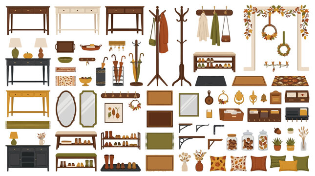 Flat illustration of antique furniture and decorative items arranged in a cohesive collection.