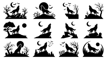 Obraz premium Set of black silhouettes featuring wolves howling at the moon in various forest and mountain landscape scenes collection