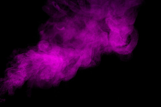 Abstract purple smoke cloud isolated on black background with realistic swirling vapor texture, ideal for overlays, visual effects, digital compositing, cinematic scenes, creative design.