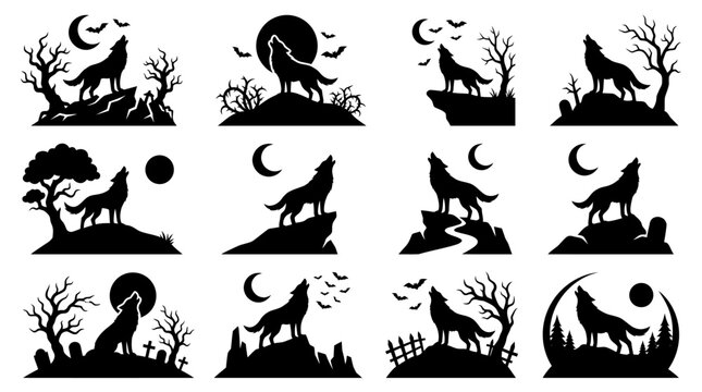 Set of black silhouettes featuring wolves howling at the moon in various forest and mountain landscape settings