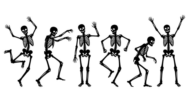 Set of six funny skeletons dancing and posing in various positions isolated on a white background vector illustration