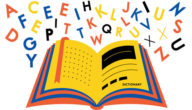 Colorful open dictionary book with floating alphabet letters concept illustration with above white background vibrant open literature typography