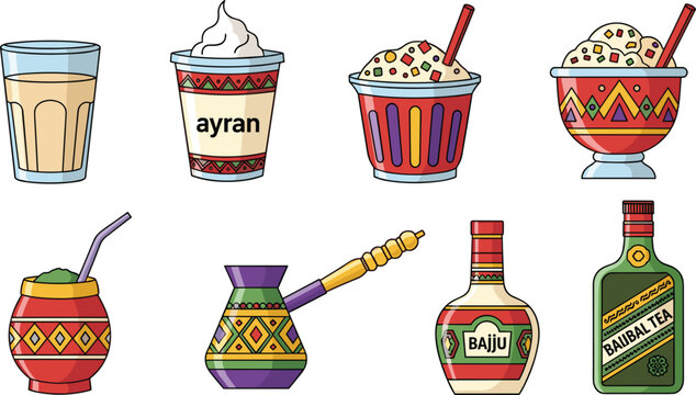 Drinks in Colorful Containers and Bottles with Traditional Patterns Featuring Ayran, Baijiu, Tea with Dessert and Ice Cream