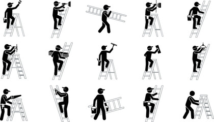 Set of stick figure icons representing workers climbing ladders for construction and maintenance tasks. © Arzo