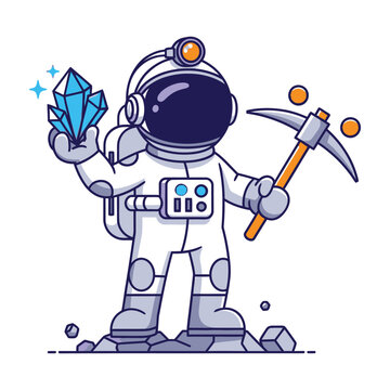 Astronaut in space holding crystal and pickaxe mining tool