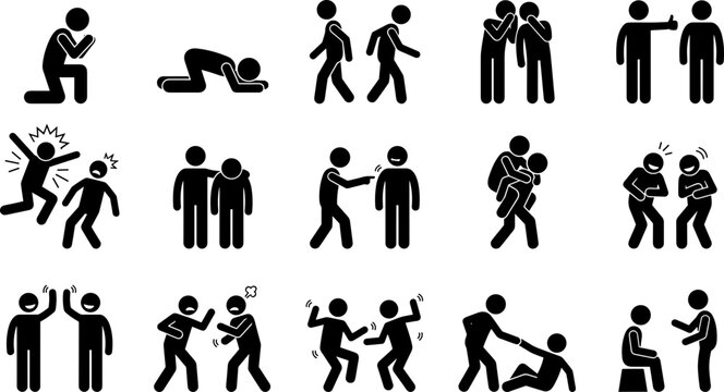 Set of stick figure icons showing various human interactions and social behaviors.