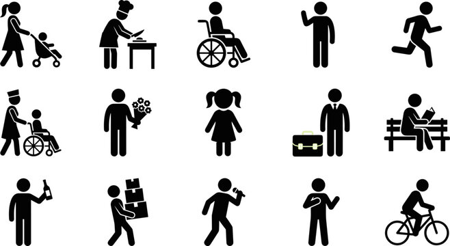 Set of diverse people stick figure icons for social concepts.