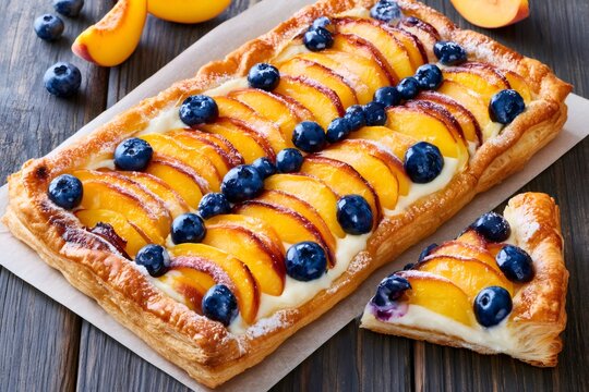 Peach blueberry tart with cream cheese on wooden table