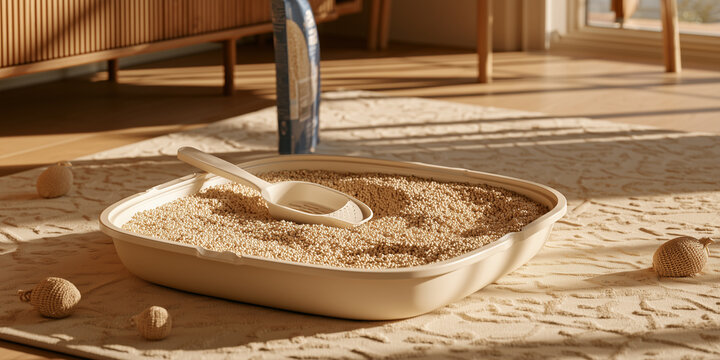 Cat litter tray in a home with warm lighting.