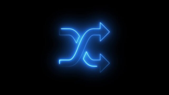 Glowing blue neon shuffle icon on black background