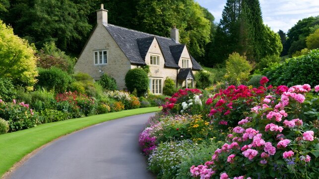 Cotswolds stone cottage with blooming English garden