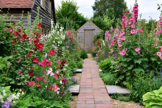 Colorful cottage garden path leading to a rustic shed