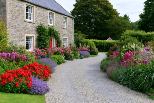 Traditional stone house with colorful garden path