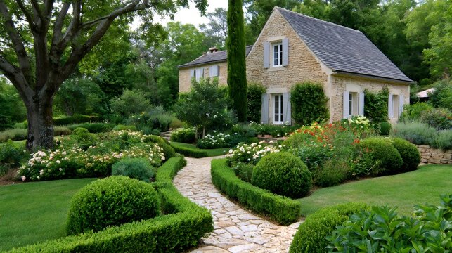 Stone cottage with landscaped french garden and pathway