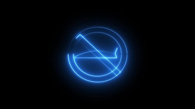 Glowing blue neon airplane symbol on black background