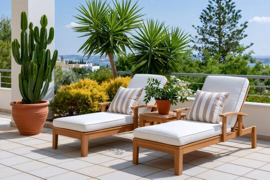 Terrace with outdoor wooden loungers and sea view