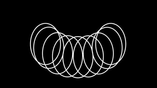 Chain of overlapping white outline circles forming a curved arc shape like connected soap bubbles floating gently on a plain black background design
