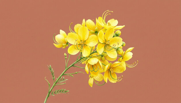 3D watercolor botanical illustration of yellow Senna auriculata