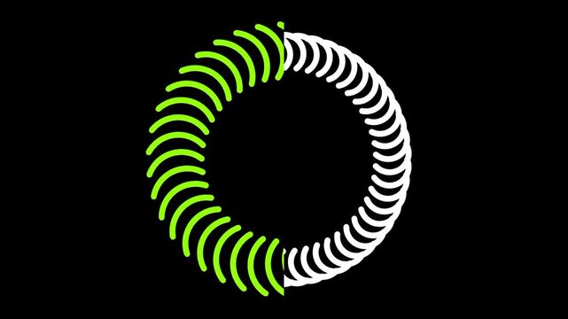Broken circular ring made from many tiny green and white dash marks forming a spinning disc shaped loading indicator or rotation motion transition
