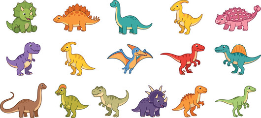 Cute Cartoon Dinosaur Character Vector Set with Colorful Prehistoric Animal Collection © MstAsia