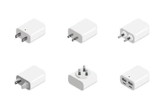 Set of white electronic power adapters and wall chargers with different plug types and usb ports for mobile devices isolated on white background