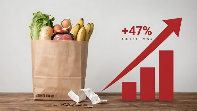 Grocery bag with food items and a rising bar chart representing a 47 percent increase in the cost of living