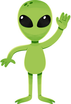 Friendly Green Alien Character Waving Hand in Greeting Illustration