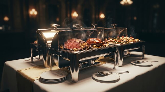 Luxury buffet catering table with chafing dishes featuring roasted meat, gourmet appetizers and steaming warm food, representing fine dining service and upscale event hospitality