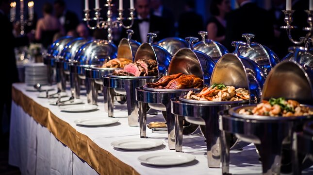 Elegant catering buffet line setup showcasing silver chafing dishes, roasted meats and gourmet food presentation, representing formal banquet service and luxury event dining