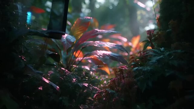Summer hot vibe lifestyle. A vivid portrayal of a lush, tropical forest bathed in the soft glow of sunlight filtering through dense foliage.