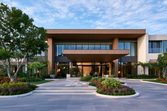Modern luxury villa entrance with beautiful landscaping