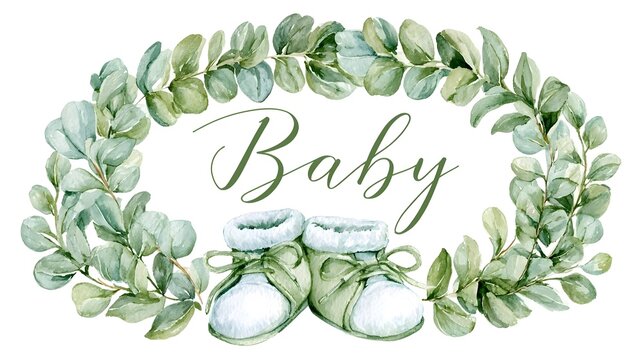 Watercolor baby booties with eucalyptus wreath. Cute nursery clip-art for blog. Gentle card design. Stock Illustration